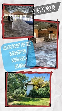 HOLIDAY RESORT FOR SALE BLOEMFONTEIN SOUTH AFRICA  Tweespruit   Bloemfontein Freestate South Africa   *Wildlife protection fenced *7 x Chalets  *10 x Rondavels *Swimming pools *Restaurant *Bar *2 x Kitchens  *Reception hall for 300 people  *Church  *Development rights for 114 sectional title units *Rights to build and sell 50 sectional title homes *Approved building plans *377ha with 40ha irrigation rights *7km Waterfront  *R55 million* (Commission included share equal)  30 springbok & 10 ostriches are included The resort is working  BUT no financial statements.  The resort has an incredible amount of potential Especially for the houses that can be built & sold Ideal for golf course lifestyle  Melinda +27612120378