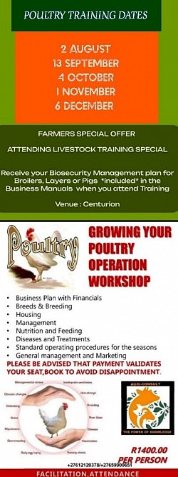 Broiler Production Training Centurion  To make your booking:   Whatsapp your  Name & Surname & or Business name Id number for your Certificate Email address for invoice Contact number  The invoice will be sent if you are ready to book & making a eft payment after receiving the invoice  We print your Business Manual & Certificate  Melinda 0612120378