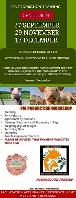 Pig Husbandry Practices Training Centurion  To make your booking:   Whatsapp your  Name & Surname & or Business name Id number for your Certificate Email address for invoice Contact number  The invoice will be sent if you are ready to book & making a eft payment after receiving the invoice  We print your Business Manual & Certificate  Melinda 0612120378