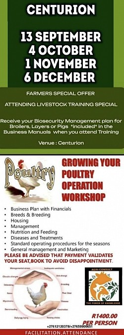 Broiler Production Training Centurion  To make your booking:   Whatsapp your  Name & Surname & or Business name Id number for your Certificate Email address for invoice Contact number  The invoice will be sent if you are ready to book & making a eft payment after receiving the invoice  We print your Business Manual & Certificate  Melinda 0612120378